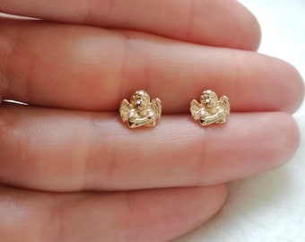 Guardian Angel Stud Earrings Solid 9ct Yellow Gold, Ladies Girls Cherub Wings Studs, Cherubim Protection Symbol, Christian Symbolic Jewelry