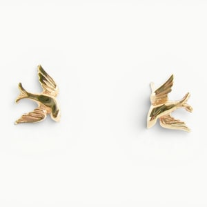 Swallow Stud Earrings Solid 9ct Yellow Gold, 9K Gold Flying Bird Earrings, Ladies Girls Animal Jewelry, Womens Nature Lover Birthday Gift