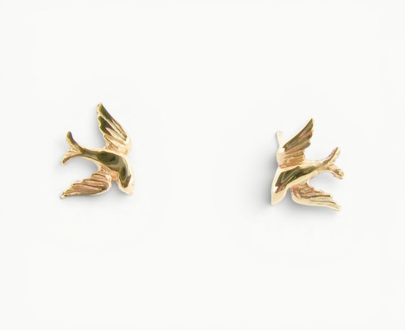 Swallow Stud Earrings Solid 9ct Yellow Gold, 9K Gold Flying Bird Earrings, Ladies Girls Animal Jewelry, Womens Nature Lover Birthday Gift