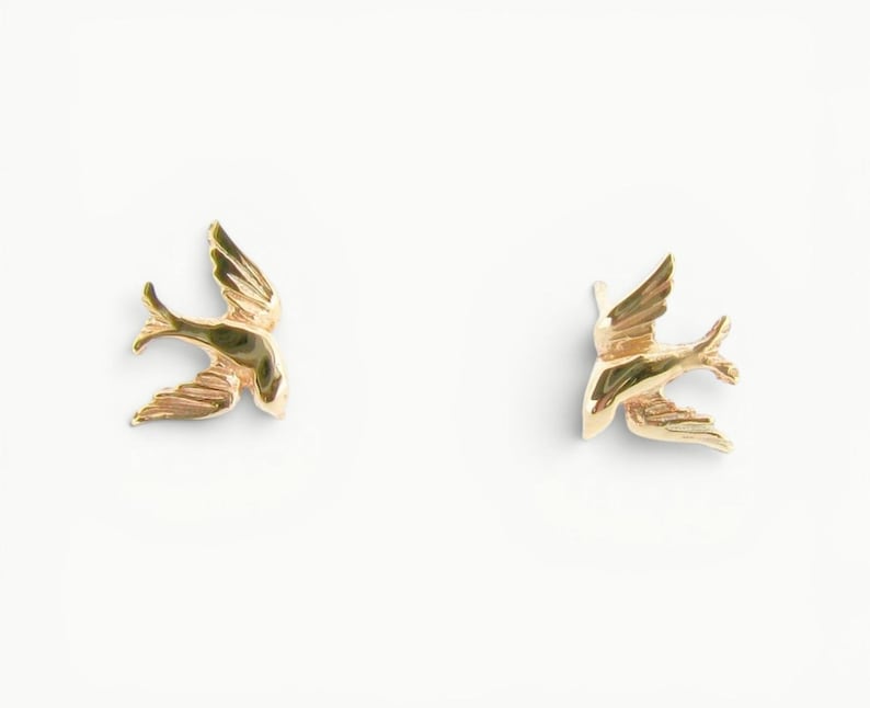 Swallow Stud Earrings Solid 9ct Yellow Gold, 9K Gold Flying Bird Earrings, Ladies Girls Animal Jewelry, Womens Nature Lover Birthday Gift image 1