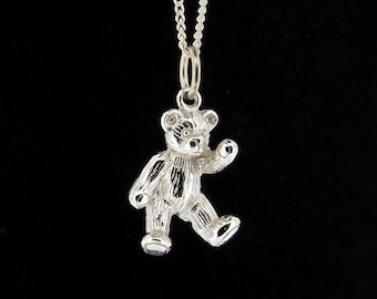 Teddy Bear Pendant Sterling Silver with 18&quot; Silver Curb Link Chain Necklace, Cuddly Toy Bear Jewelry, Children&#39;s Birthday Christening Gift
