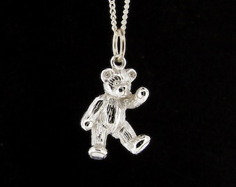 Teddy Bear Pendant Sterling Silver with 18" Silver Curb Link Chain Necklace Children's Birthday Christening Gift