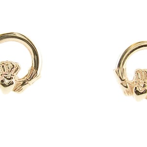 Solid 9ct Yellow Gold Irish Celtic Claddagh Stud Earrings, Love Loyalty Friendship Symbol, Womens Hands on Heart Studs, Irish Heritage Gift