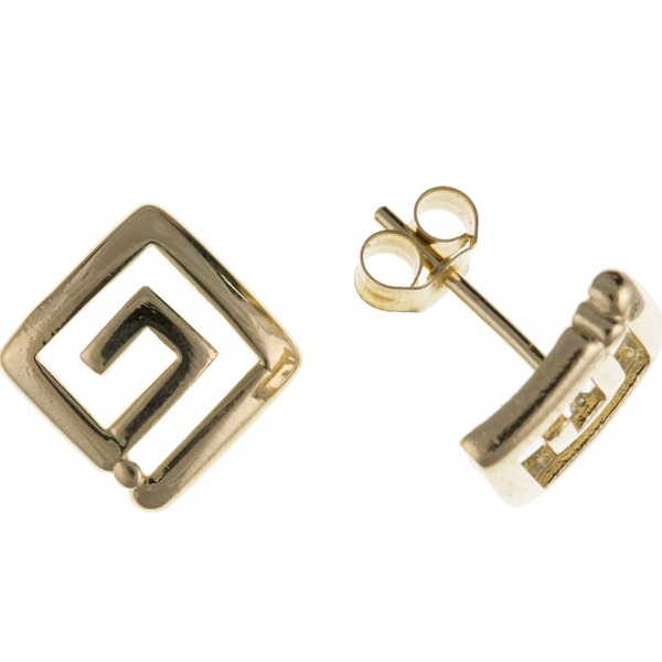 Solid 9ct Yellow Gold Greek Key Meander Fret Design Stud Earrings