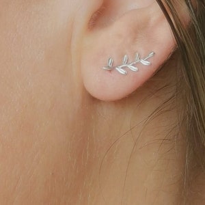 Sterling Silver Leaf Ear Climber Earrings, Minimalist Leaves Climbing Studs, Ladies Floral Jewellery Gifts
