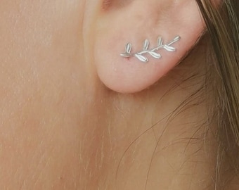Sterling Silver Leaf Ear Climber Earrings, Minimalist Leaves Climbing Studs, Ladies Floral Jewellery Gifts