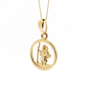 St Christopher Medal Pendant Solid 9ct Yellow Gold, Small Round Patron Saint of Travellers, Christian Catholic Symbol of Protection Necklace