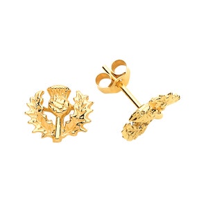 Solid 9ct Yellow Gold Thistle Flower Stud Earrings, Ladies National Symbol of Scotland Jewellery, Womens Scottish Heritage Gift
