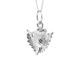 Sterling Silver Scottish Thistle Pendant & 18" Chain Necklace, Ladies Flower Jewellery, Scotland Symbol