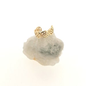 May include: Gold ear cuff with a repeating pattern of open circles with a star design inside each circle.