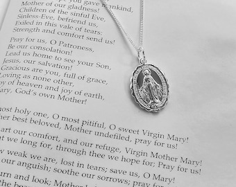 Miraculous Mary Medal Pendant Solid Sterling Silver Holy Virgin Mary Necklace, Ladies Men&#39;s Catholic Holy Mother Christian Religious Jewelry