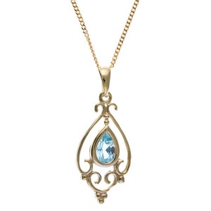 9ct Yellow Gold Victorian Pendant with Natural Pear Sky Blue Topaz Necklace Ladies Girlfriend Gift