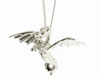 Sterling Silver Flying Dragon Pendant Necklace with 18" Silver Chain, Womens Mens Fantasy Gothic Jewellery Gifts