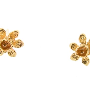 May include: Two gold-colored flower-shaped stud earrings. Each earring features six petals surrounding a central, textured core. The earrings are set against a white background, highlighting their intricate floral design.