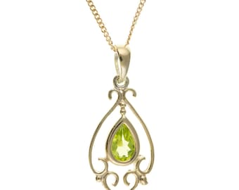 9ct Yellow Gold Vintage Victorian Style Natural Peridot Pendant & 18" Gold Necklace, August Birthday Birthstone, Ladies Green Pear Peridot