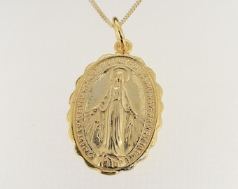 Miraculous Mary Medal Pendant 14k Yellow Gold Plated Holy Virgin Mary Necklace, Ladies Men's Catholic Christian 14ct Jewelry Keepsake