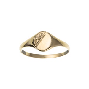 Solid 9ct Yellow Gold Half Engraved Oval Ladies Signet Ring, Womens Slim Minimalist Small Dainty Pinky Finger Ring, 9K Minimal Ladies Gift