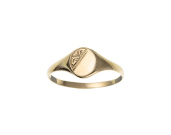 9ct Yellow Gold Half Engraved Oval Signet Ring UK Sizes C to L USA Sizes 1.5 to 5.5 Solid Gold Ladies Children's Dainty Pinky Finger Rings