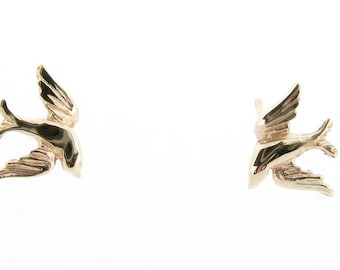 Solid 9ct Yellow Gold Swallow Bird Stud Earrings, Ladies Nature Animal Lover Jewelry, Symbol of Hope, Womens 9K Gold Flying Bird Studs