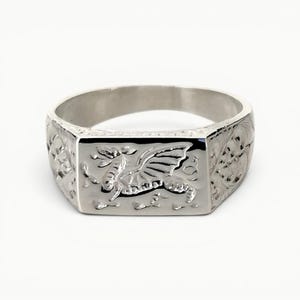 Solid Sterling Silver Men's Welsh Dragon Engraved Rectangle Signet Ring, Wales Flag Ring, Celtic Jewellery, Welsh Heritage Gift for Him