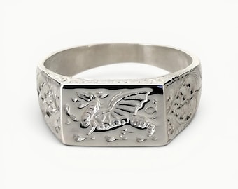 Solid Sterling Silver Men's Welsh Dragon Engraved Rectangle Signet Ring, Wales Flag Ring, Celtic Jewellery, Welsh Heritage Gift for Him