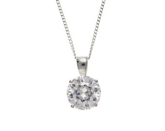 Sterling Silver 10mm Round Clear Diamond Simulant Pendant with 18" Silver Chain, Sparkling Bridal Necklace,