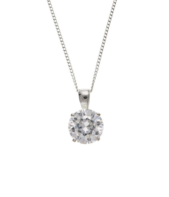Colgante simulado de diamante transparente redondo de plata de ley de 10 mm  con cadena de plata de 18, collar nupcial brillante