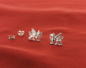 Solid Sterling Silver Welsh Dragon Stud Earrings, Womens Draco Red Dragon of Wales Design, Symbol and Emblem of Wales Ladies Earrings