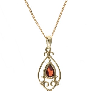 Solid 9ct Yellow Gold Vintage Victorian Garnet Pendant, Natural Garnet Gemstone, January Birthday Birthstone, Women&#39;s 9K Gold Chain Necklace