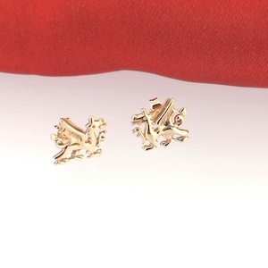 Solid 9ct Yellow Gold Welsh Dragon Stud Earrings, Ladies Welsh Heritage Cymru Gift, Red Dragon Wales Flag Y Ddraig Goch Dragon of Cadwalader