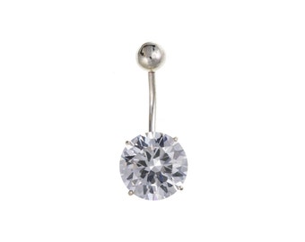 Belly Bar 10mm Round Sterling Silver, Sparkling Diamond Simulant Cubic Zirconia Navel Body Jewellery Bar, Large CZ Belly Button Piercing