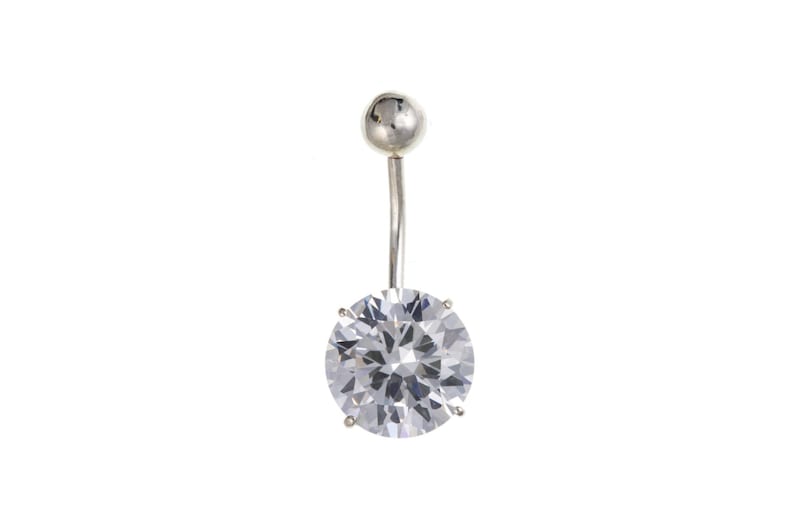 Belly Bar 10mm Round Sterling Silver, Sparkling Diamond Simulant Cubic Zirconia Navel Body Jewellery Bar, Large CZ Belly Button Piercing image 1