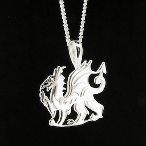 Sterling Silver Welsh Dragon Pendant & Chain Necklace, Draco Red Dragon Emblem of Wales, Mens Womens Y Ddraig Goch