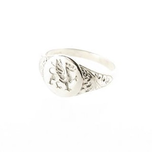 Sterling Silver Welsh Dragon Oval Signet Ring with Scrolls, UK Sizes L to Q, USA Sizes 5.5 to 8, Men's Ladies Unisex Draco Welsh Jewellery