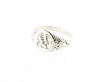 Sterling Silver Welsh Dragon Oval Signet Ring with Scrolls UK Sizes L to Q USA Sizes 5.5 to 8 Men's Ladies Unisex Draco Welsh Jewellery