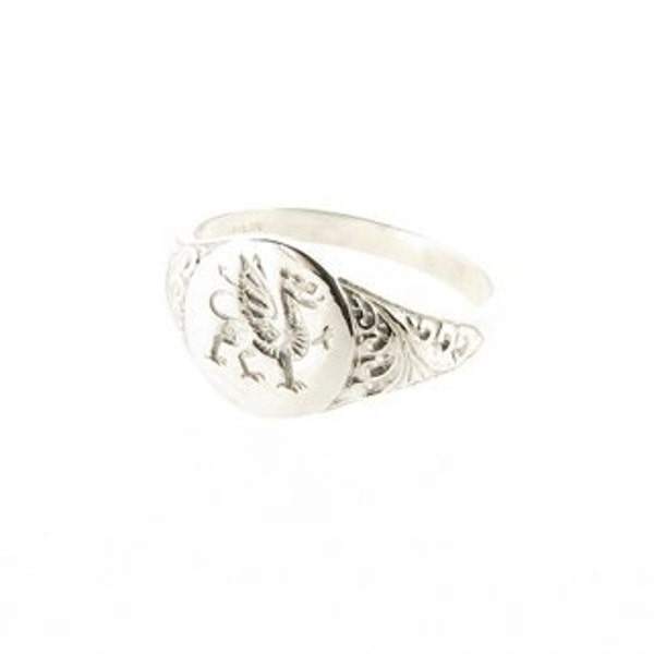 Sterling Silver Welsh Dragon Oval Signet Ring with Scrolls, UK Sizes L to Q, USA Sizes 5.5 to 8, Men's Ladies Unisex Draco Welsh Jewellery