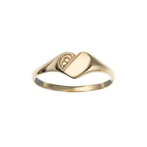Solid 9ct Yellow Gold Half Engraved Heart Signet Ring, Ladies Girls Shiny Minimalist Small Dainty Finger, Girlfriend Wife Birthday Gift