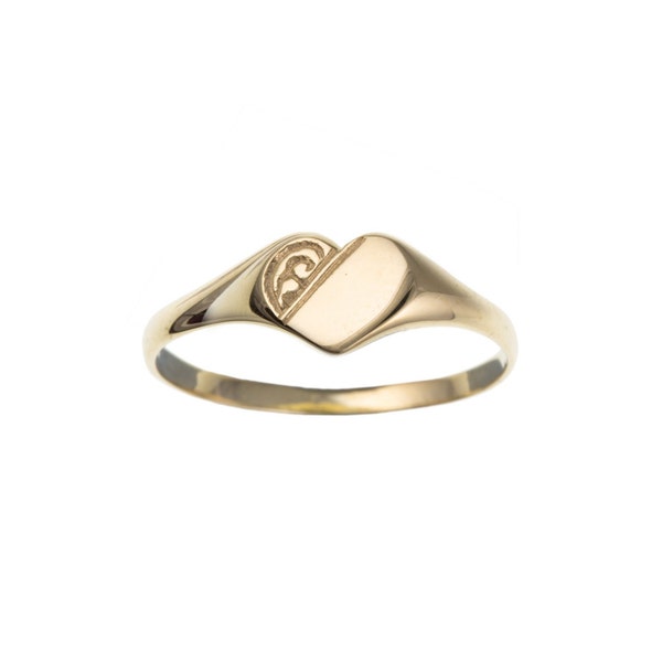 Solid 9ct Yellow Gold Half Engraved Heart Signet Ring, Ladies Girls Shiny Minimalist Small Dainty Finger, Girlfriend Wife Birthday Gift