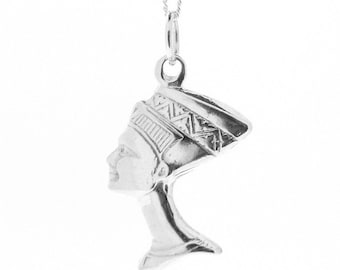 Sterling Silver Queen Nefertiti Bust Head Pendant & 18&quot; Silver Chain Womens Necklace, Ancient Egyptian Jewellery, Symbol of Beauty