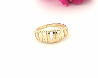 Solid 9ct Yellow Gold Mum Ring with Hearts, New Mum Mother's Day Baby Shower Gifts, Mum Word Ring, Birthday Present Keepsake Jewellery