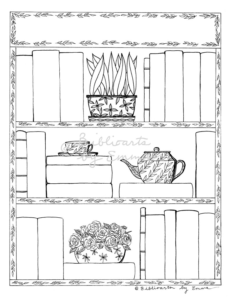 20 Book Bookcase Printable Instant Download Coloring Page | Etsy