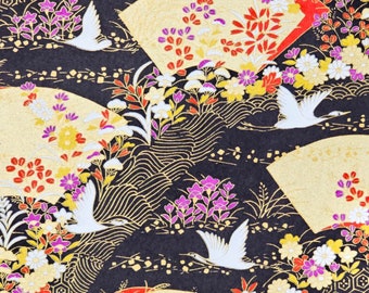 Japanese Paper - Origami Paper - Washi Paper - Yuzen Paper - Chiyogami Paper - Cranes & Fans on Black - #0458