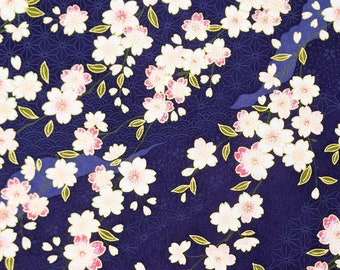 Papel japonés - Papel de origami - Papel washi - Papel yuzen - Papel chiyogami - Flores de cerezo rosas sobre fondo azul - #0854