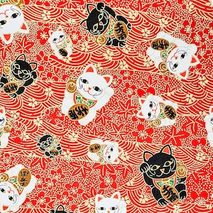 Papier origami - papier washi - papier Yuzen - papier chiyogami - différents formats - chats porte-bonheur noir et blanc sur rouge - #0344