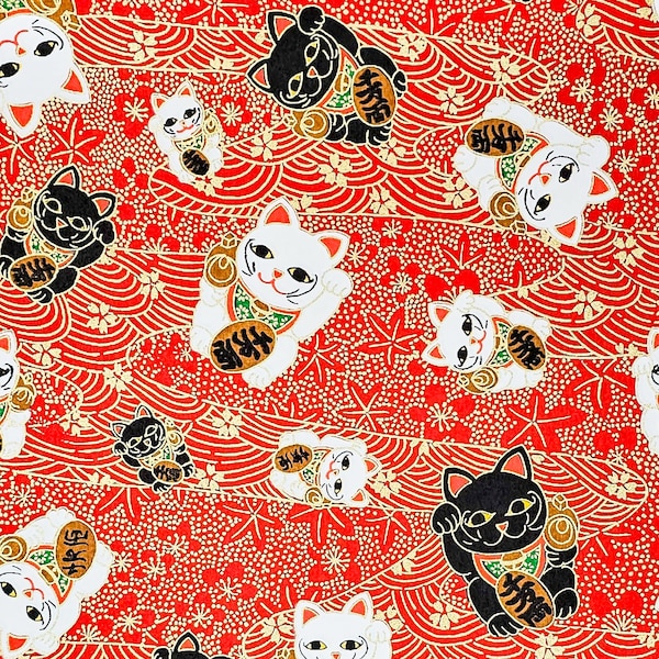 Origami Paper - Washi Paper - Yuzen Paper - Chiyogami Paper - Various Pack Sizes - Black & White Lucky Cats on Red - #0344