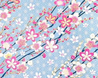 Origami Paper - Washi Paper - Yuzen Paper - Chiyogami Paper - Various Pack Sizes - Pink & White Plum Blossom Branches on Blue - #1043