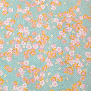 Japanese Paper - Origami Paper - Washi Paper - Yuzen Paper - Chiyogami Paper - Pink & Orange Plum Blossoms on Turquoise - #0887