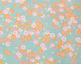 Origami Paper - Washi Paper - Yuzen Paper - Chiyogami Paper - Various Pack Sizes - Pink & Orange Plum Blossoms on Turquoise - #0887