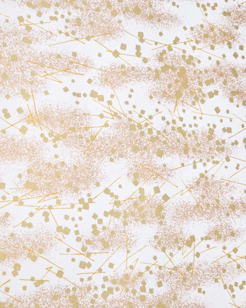 Japanese chiyogami paper featuring scattered metallic gold geometric shapes and fine gold lines on a white background.