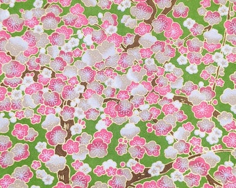 Origami Paper - Washi Paper - Yuzen Paper - Chiyogami Paper -Various Pack Sizes - Pink Plum Blossom Tree on Green - #0718